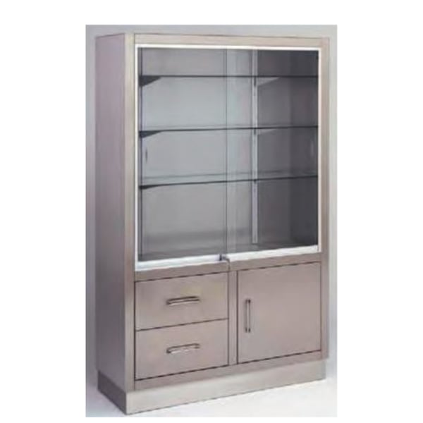 Edelstahlschrank: mit Schiebetüren oben und Schrank und Schubladen unten (160 x 40 x 100 cm)